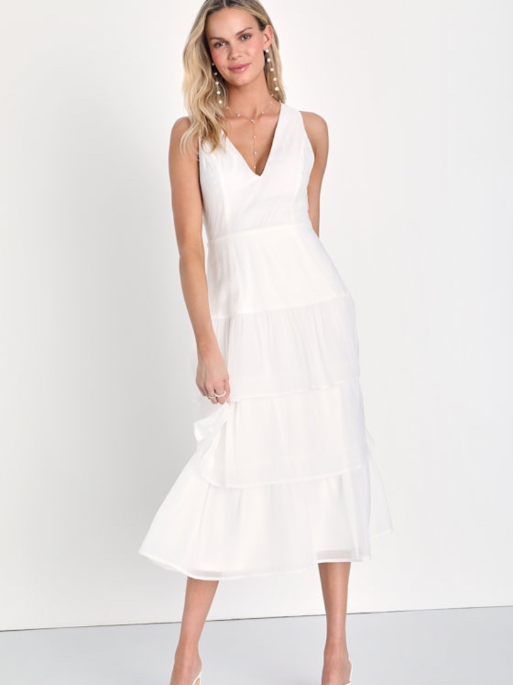 Lulus Tier To Adore White Tiered Organza V-neck Midi Dress - Size L